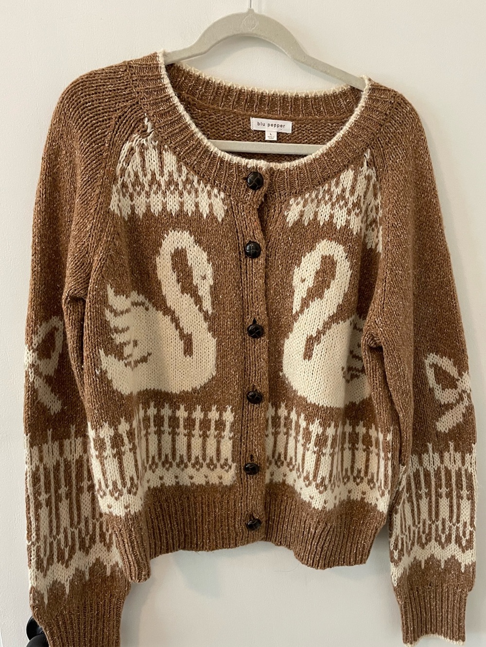 Blu Pepper Swan Pattern Woman Cardigan Sweater Wool Blend Fair Isle Large